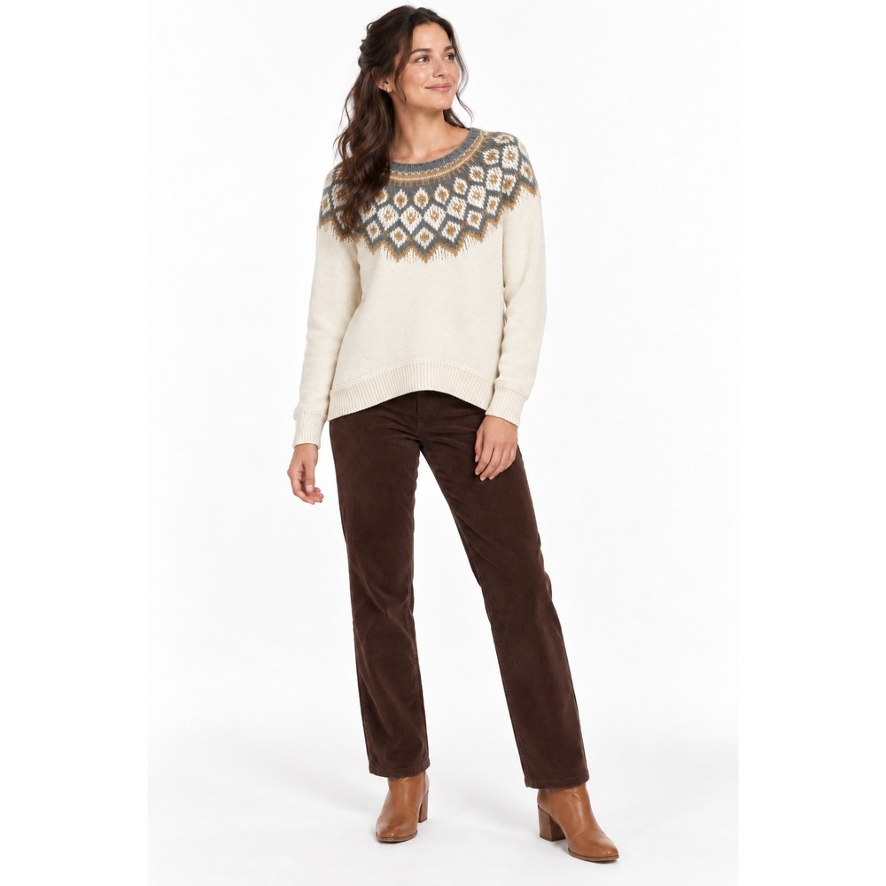 Fair Isle Yoke Sweater Womens L Ivory Gray Tan Cotton Knit Heritage Cabincore